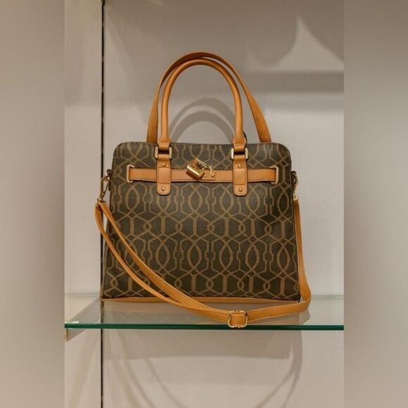 Women's Brown Lock & Key Charm Gold Hardware Multi-Compartment Shoulder Bag - Picture 1 of 5